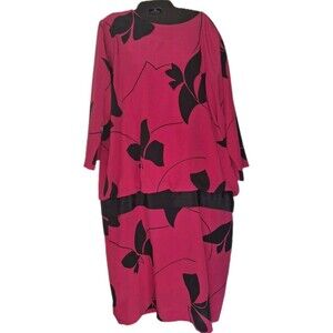 Vintage 80s O’Bryan Blouson Dress Size 20 Drop Waist Pink Black Floral Print